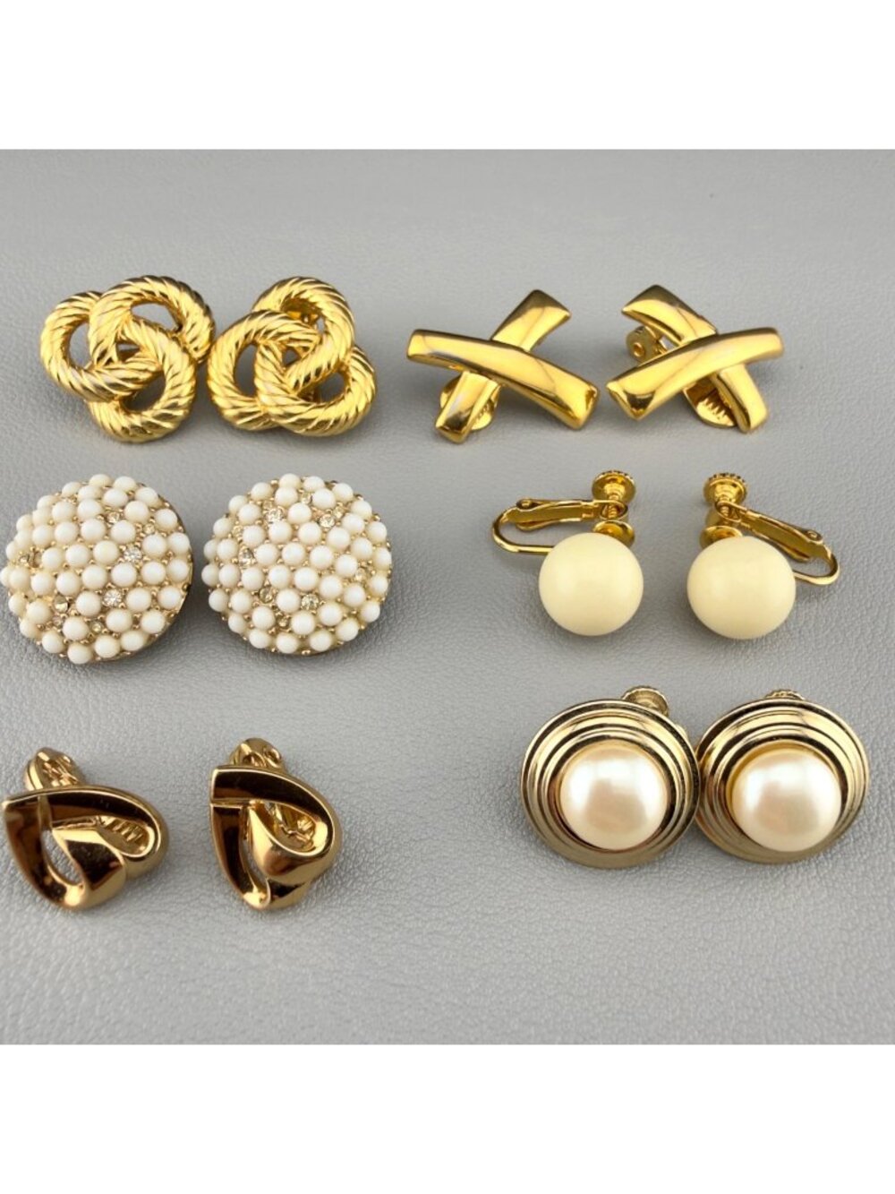 Vintage Signed Clip On Earrings Lot Monet Marvella Bergere Gold Tone Retro 80s